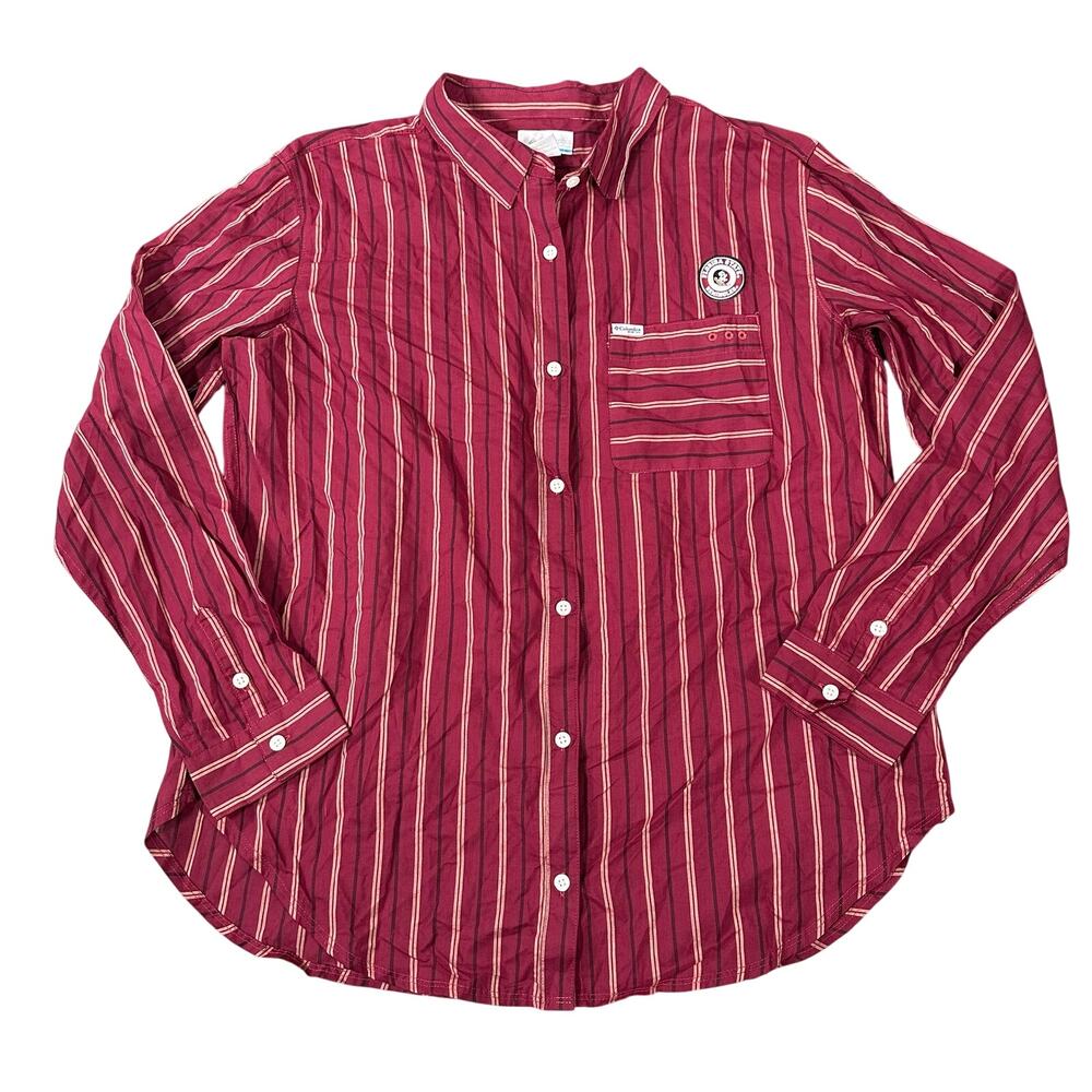 Columbia Women's Red Vertical Stripe Button Down Long Sleeve‎ Shirt Size L